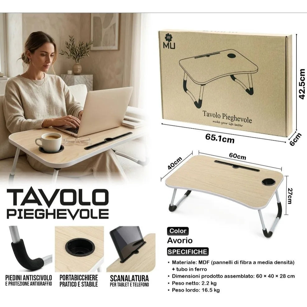 Tavolino pieghevole per letto 60x40 cm - vassoio multiuso