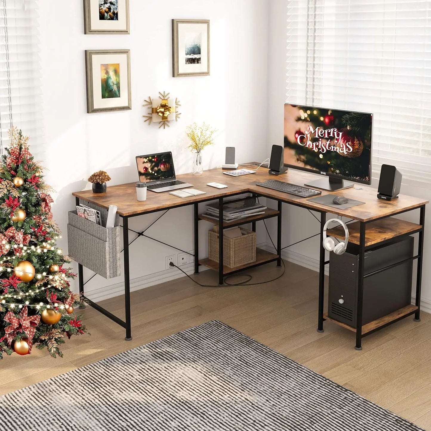 Scrivania angolare L‑Shape 140/230 cm con prese integrate