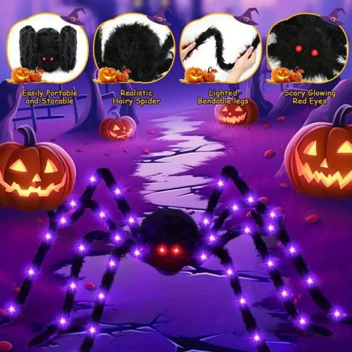 Ragno gigante decorativo per Halloween con luci LED viola e pelo