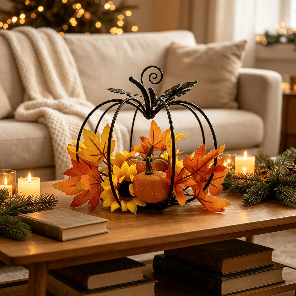 Zucca decorativa in ferro nero — stile moderno autunnale