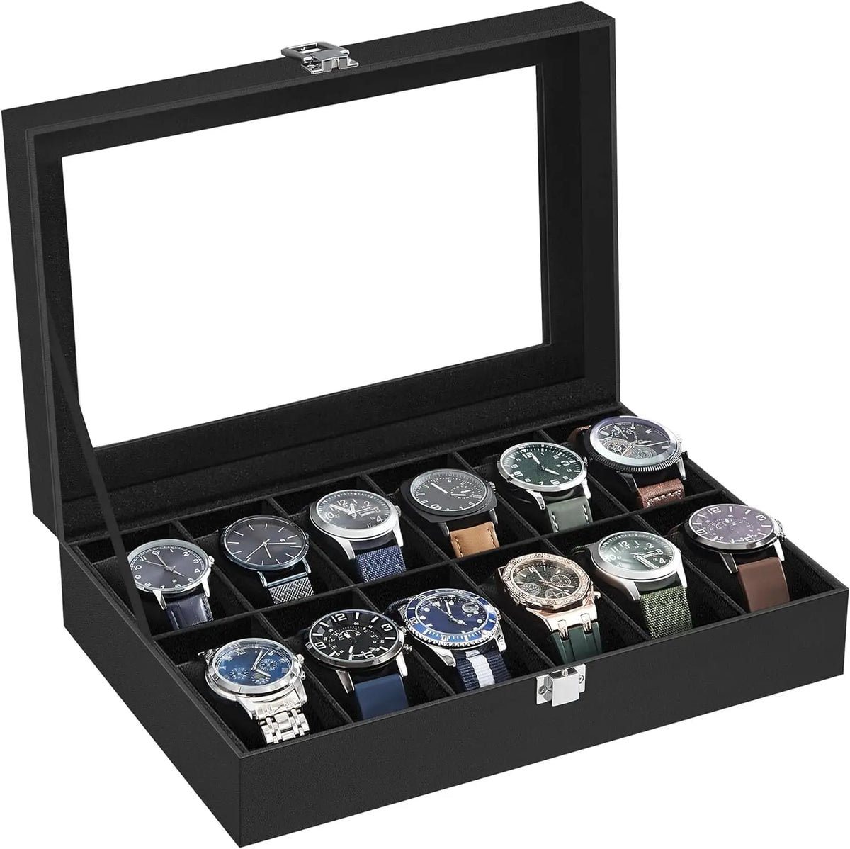 Scatola per orologi 12 scomparti con coperchio in vetro