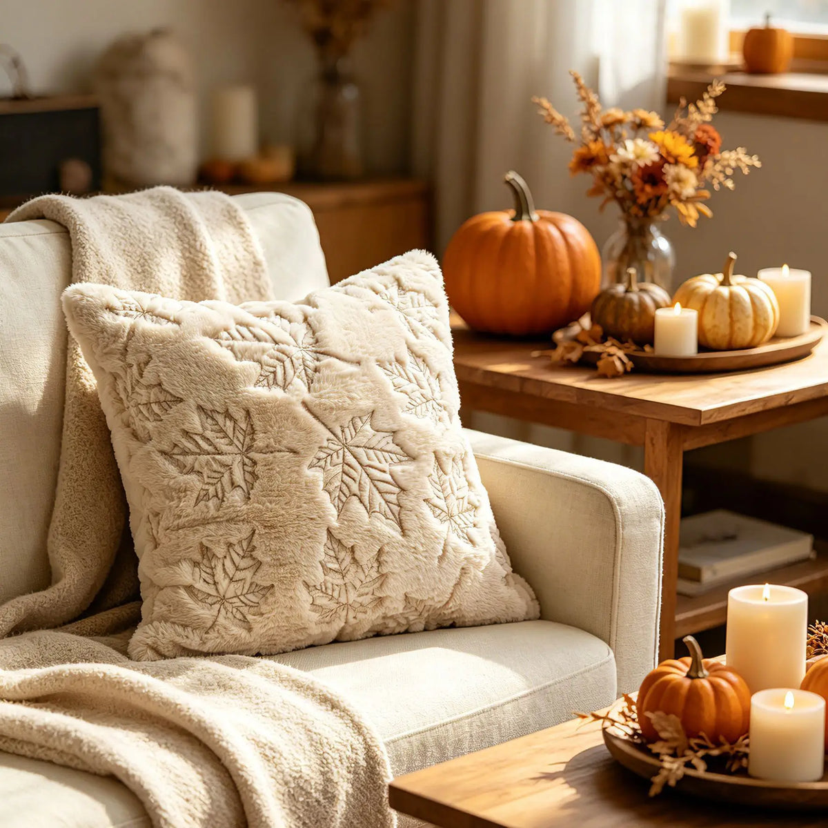 Copricuscino in peluche beige con zucca ricamata
