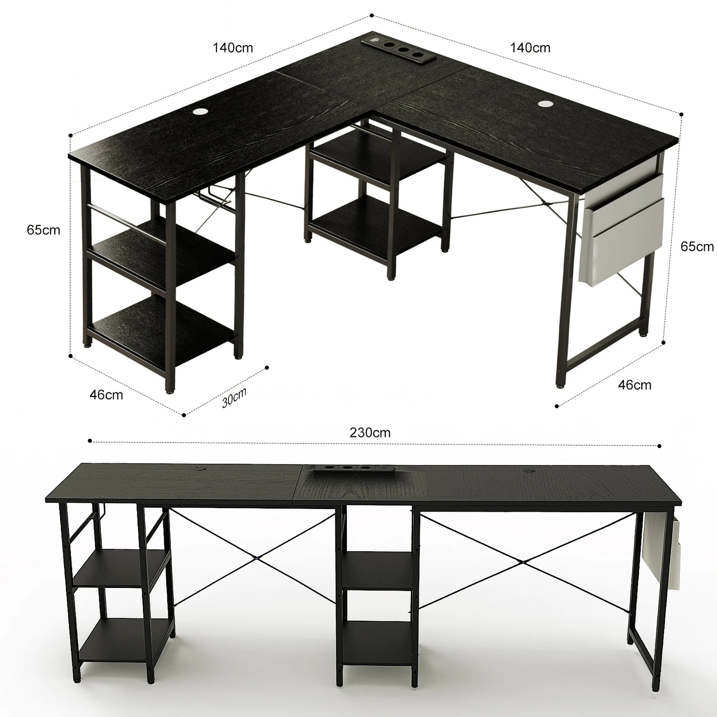 Scrivania angolare L‑Shape 140/230 cm con prese integrate