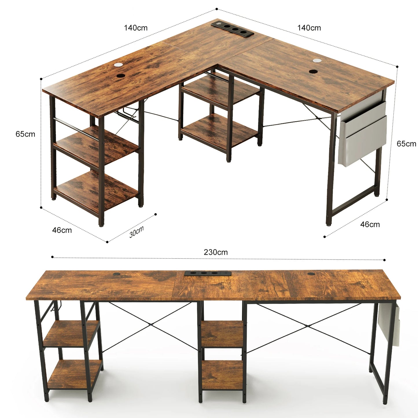 Scrivania angolare L‑Shape 140/230 cm con prese integrate