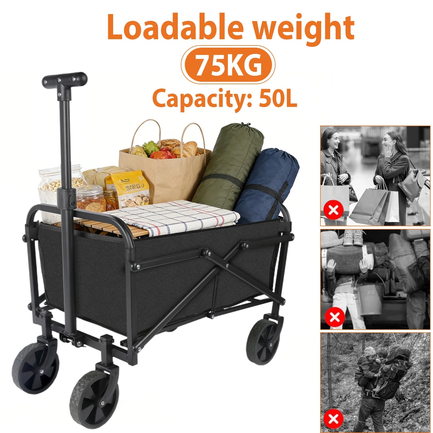Carrello pieghevole da campeggio – 75 kg di capacità e 50L portatile per spiaggia e outdoor