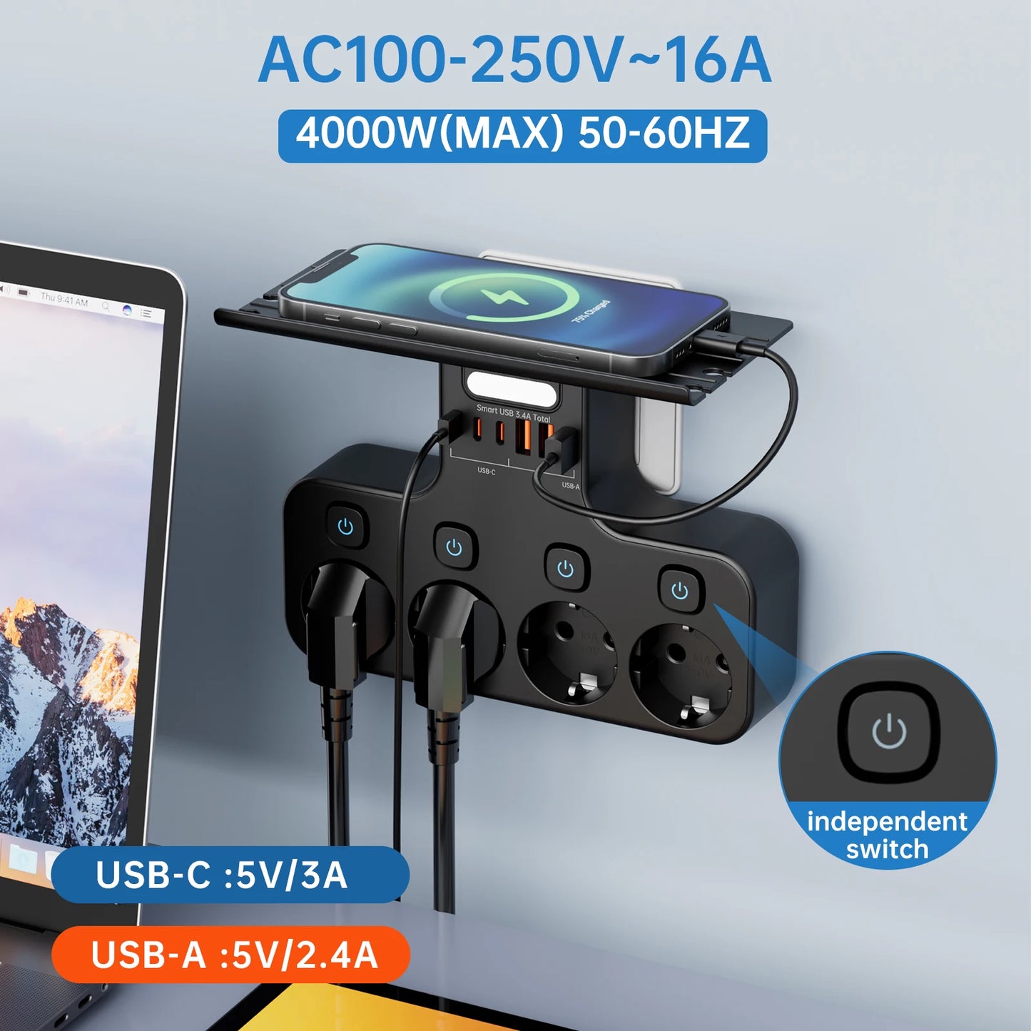 Multipresa EU 4000W con USB‑C e luce notturna intelligente – organizza alimentazione in casa e ufficio