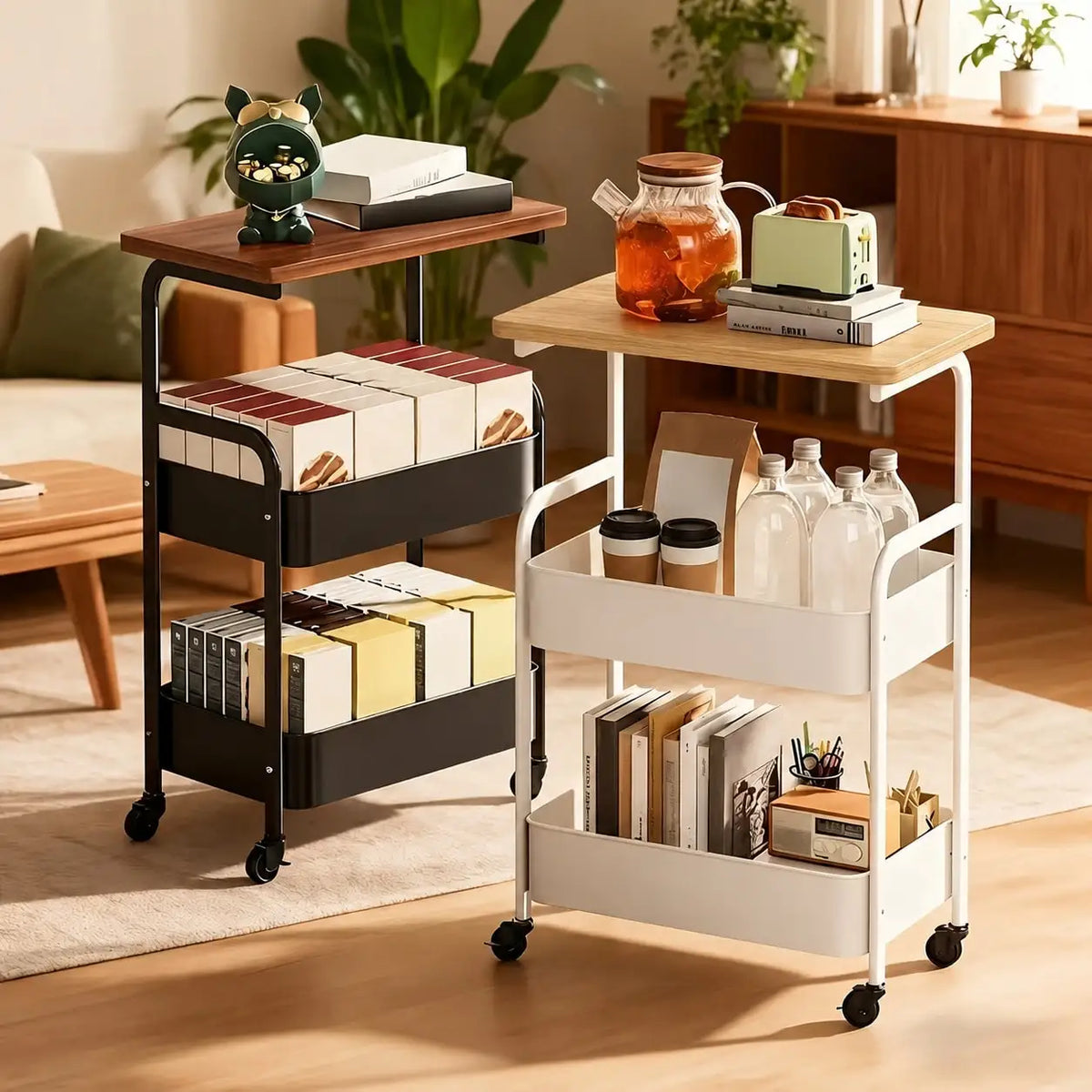 Carrello a 3 ripiani con piano effetto legno e ruote 360°