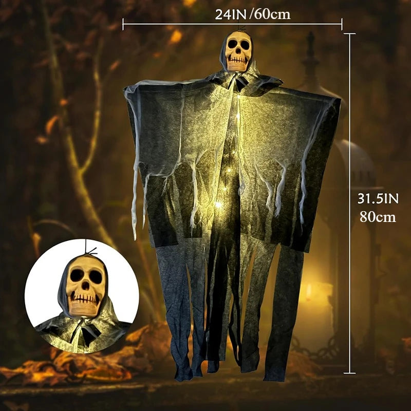 Teschio scheletro luminoso appendibile con velo