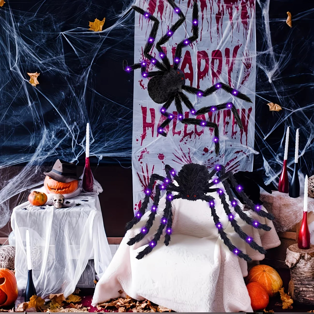 Ragno gigante decorativo per Halloween con luci LED viola e pelo
