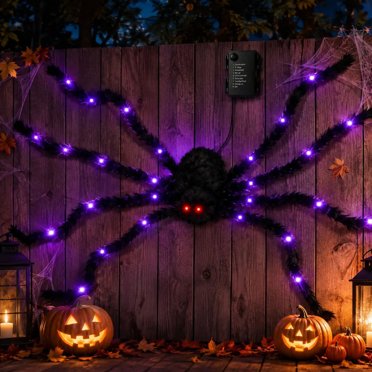 Ragno gigante decorativo per Halloween con luci LED viola e pelo