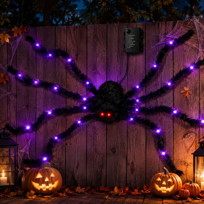 Ragno gigante decorativo per Halloween con luci LED viola e pelo