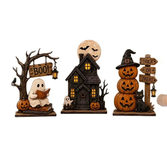 Decorazioni Halloween in legno vintage - set 3 pezzi assortiti