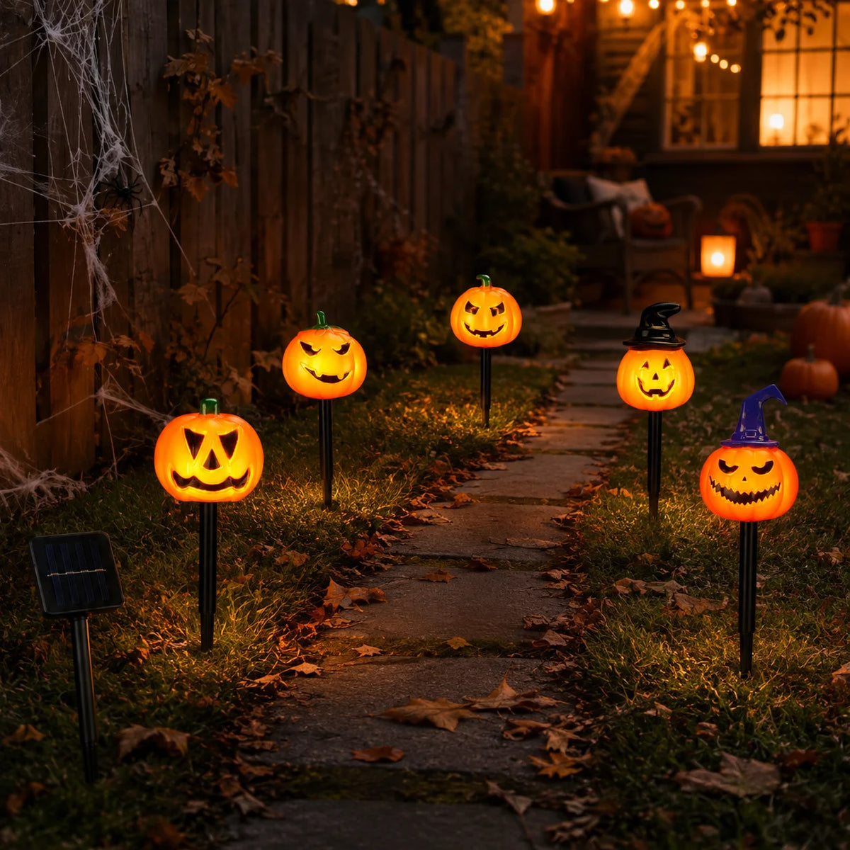 Luci solari Halloween a zucca 5 pezzi con cappello