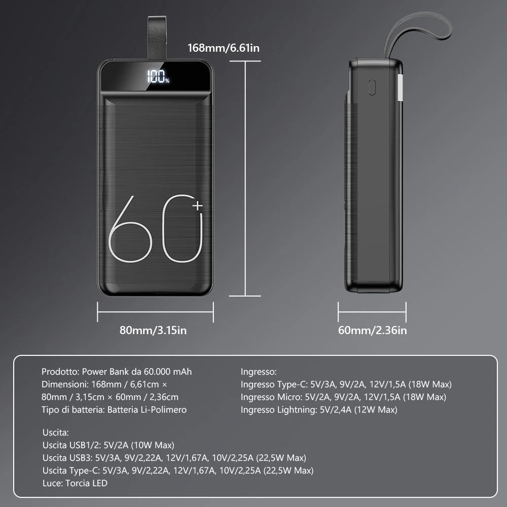 Powerbank 60000mAh 22.5W con torcia portatile