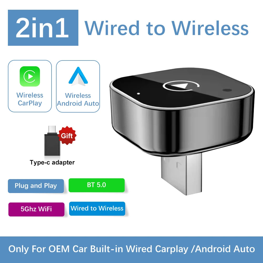 Adattatore CarPlay e Android Auto wireless 2 in 1 Plug&Play