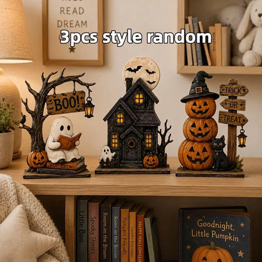 Decorazioni Halloween in legno vintage - set 3 pezzi assortiti