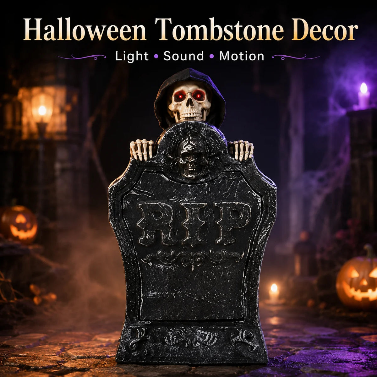 Lapide scheletro Halloween con luce, suono e movimento