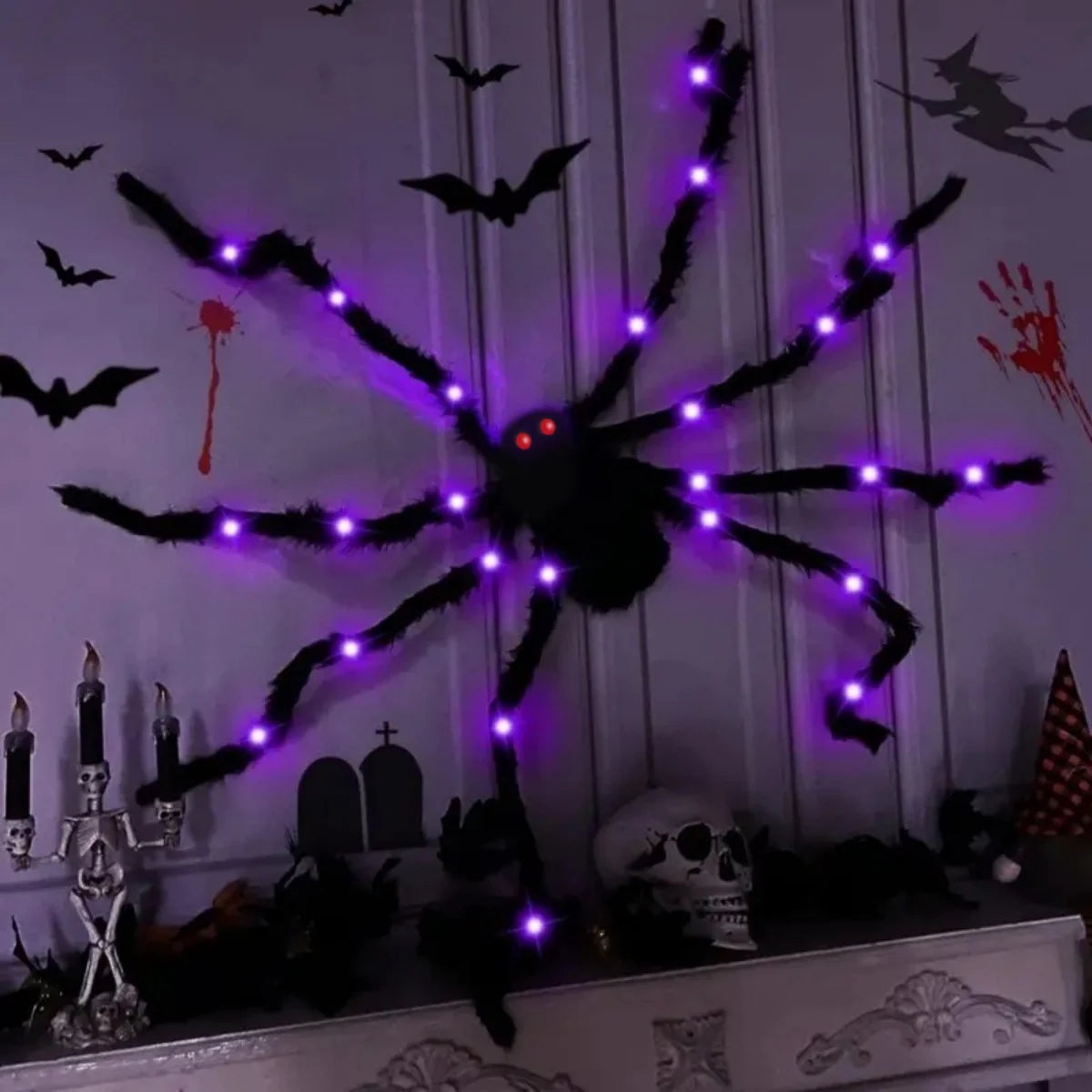 Ragno gigante decorativo per Halloween con luci LED viola e pelo