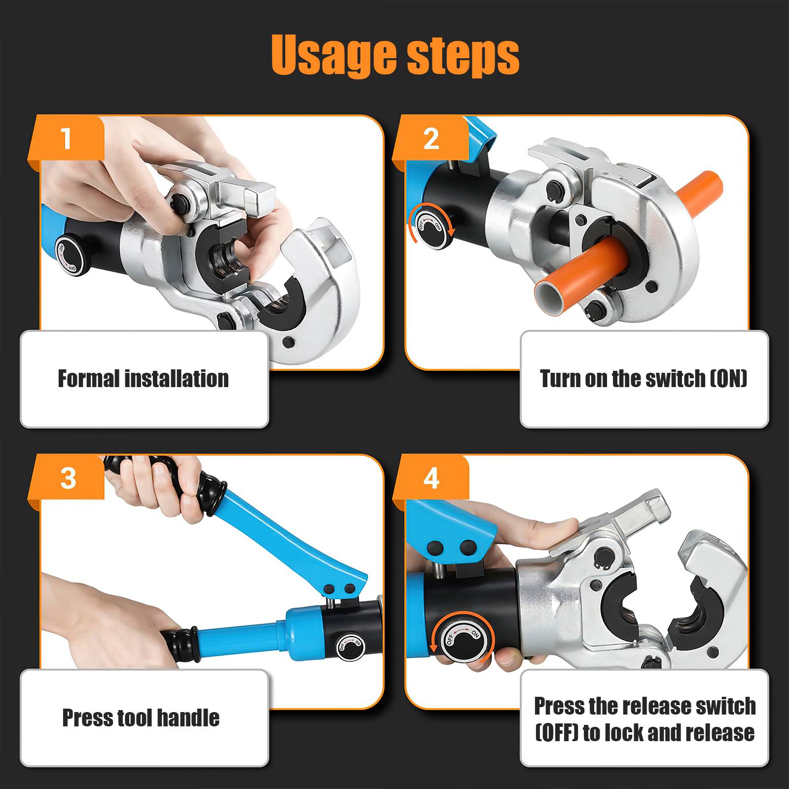 Crimpatrice professionale, profilo a TH, set da 16-20-26-32 mm, per tubi compositi, con raccordi del profilo a TH, con inserti a ganasce TH16, TH20, TH26, TH32