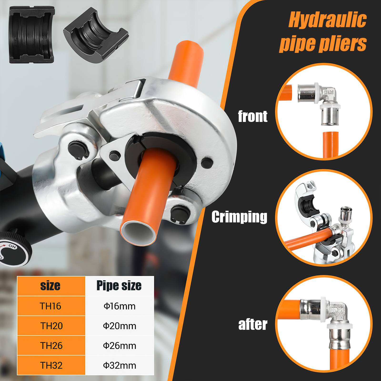 Crimpatrice professionale, profilo a TH, set da 16-20-26-32 mm, per tubi compositi, con raccordi del profilo a TH, con inserti a ganasce TH16, TH20, TH26, TH32
