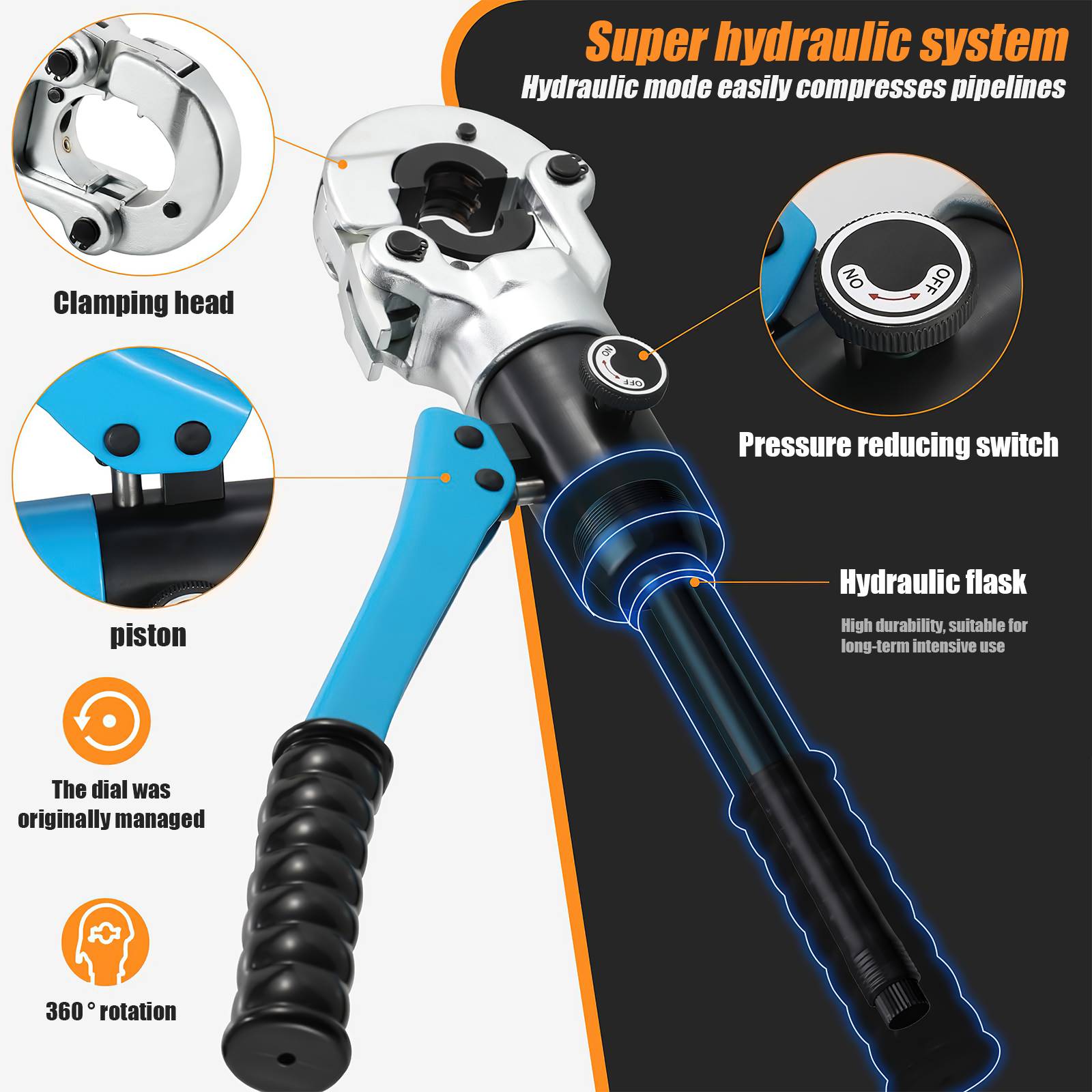 Crimpatrice professionale, profilo a TH, set da 16-20-26-32 mm, per tubi compositi, con raccordi del profilo a TH, con inserti a ganasce TH16, TH20, TH26, TH32