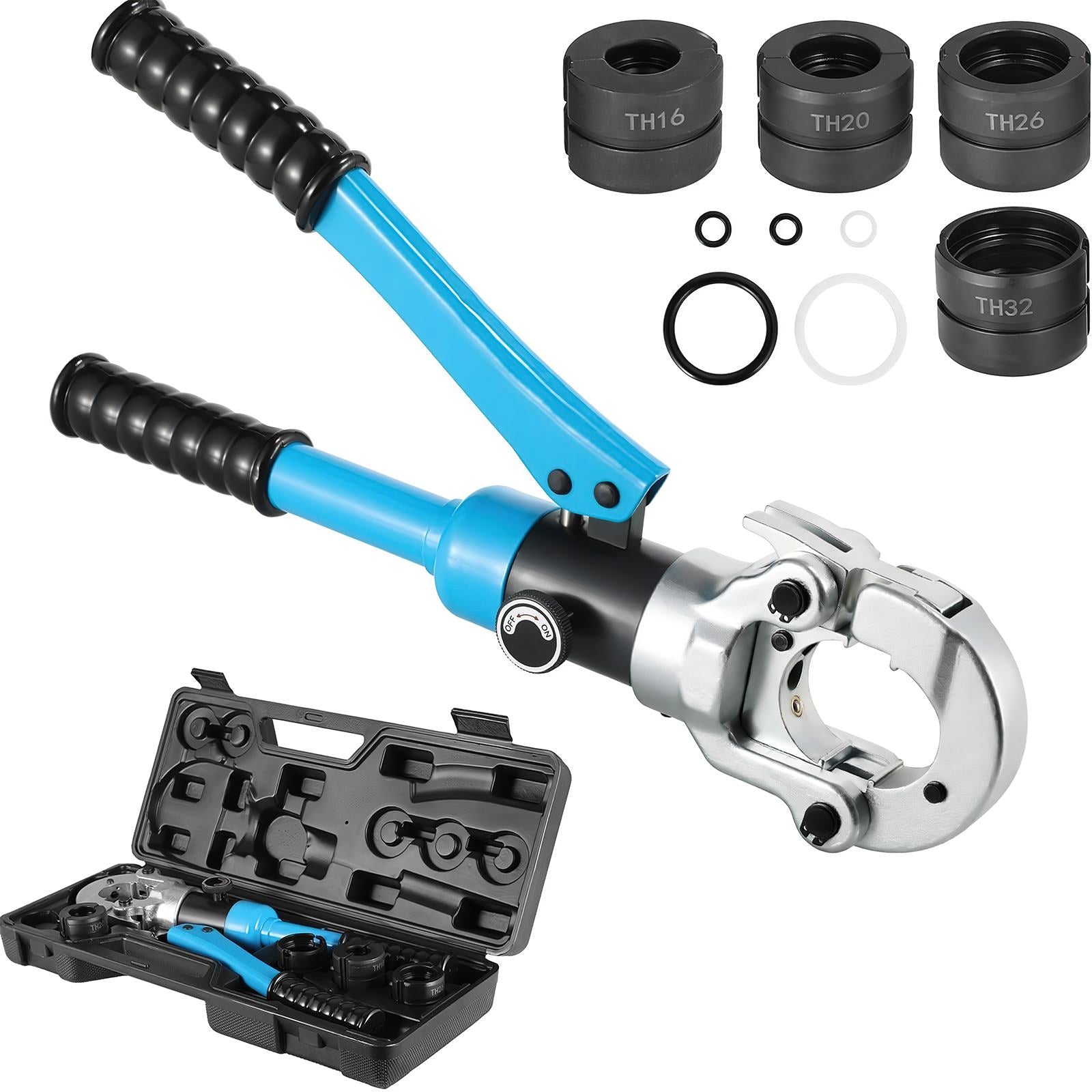 Crimpatrice professionale, profilo a TH, set da 16-20-26-32 mm, per tubi compositi, con raccordi del profilo a TH, con inserti a ganasce TH16, TH20, TH26, TH32